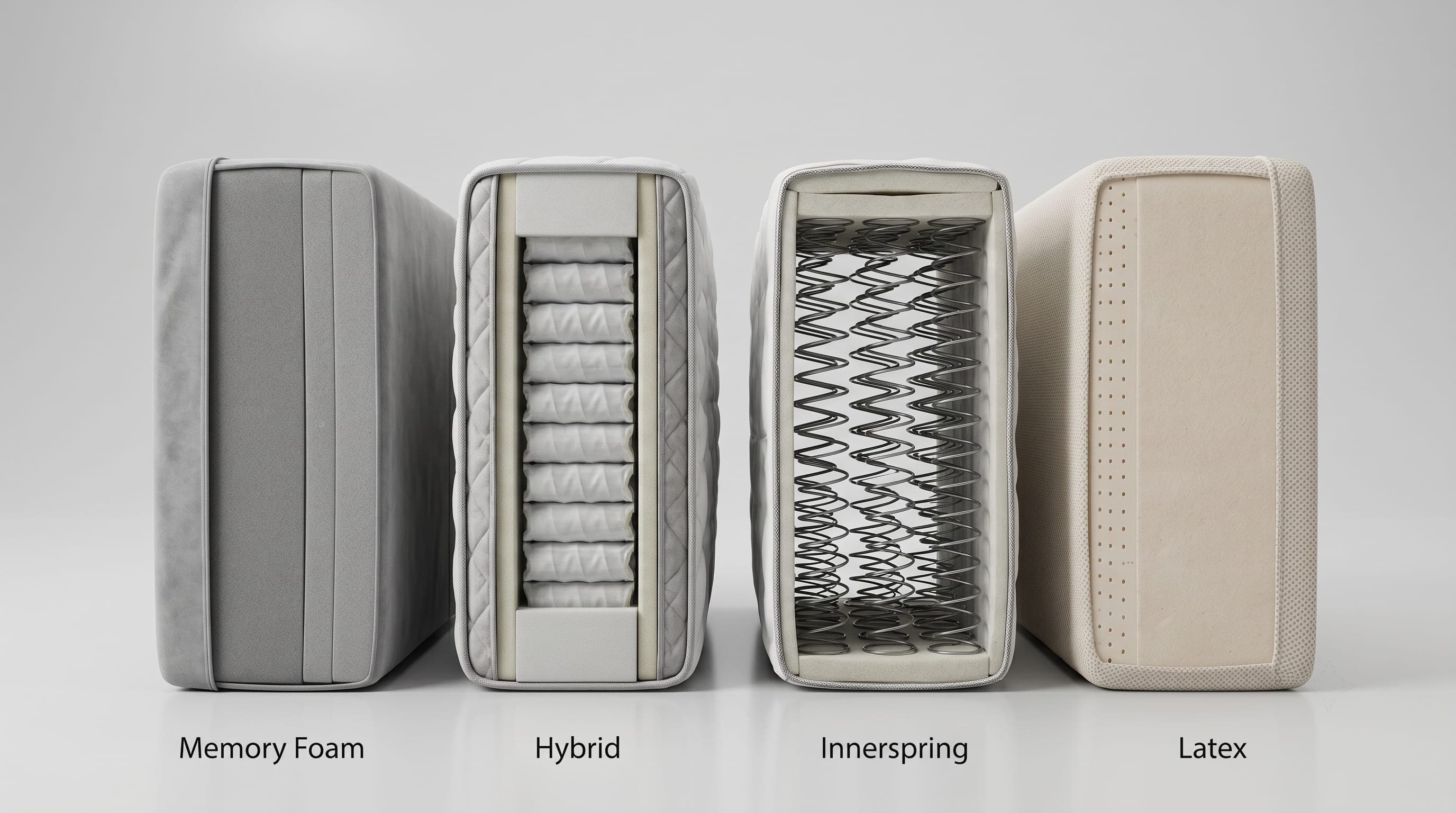 The main mattress types: memory foam, hybrid, latex and innerspring.