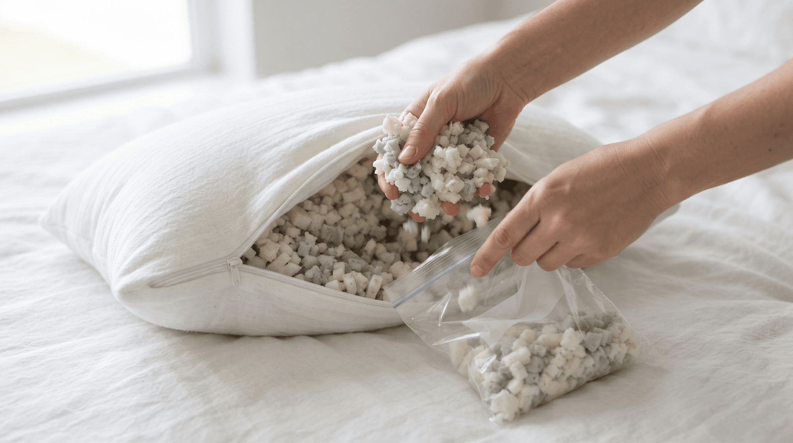Hands removing shredded foam fill from an unzipped adjustable pillow to lower its loft