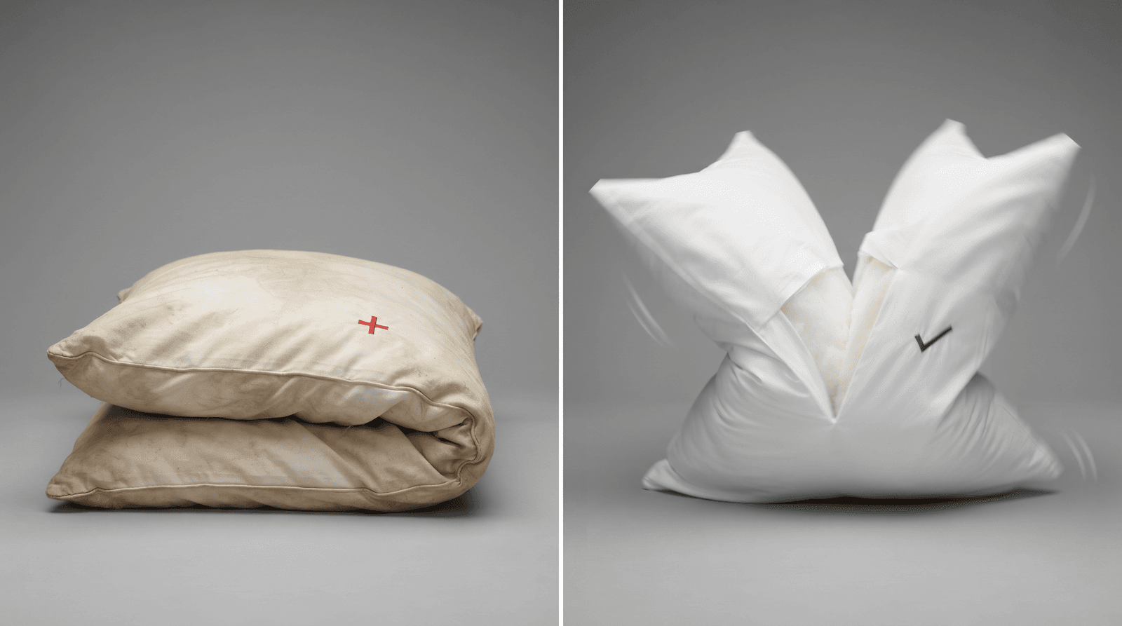 Two pillows folded in half: a worn one staying folded and a supportive one springing back open