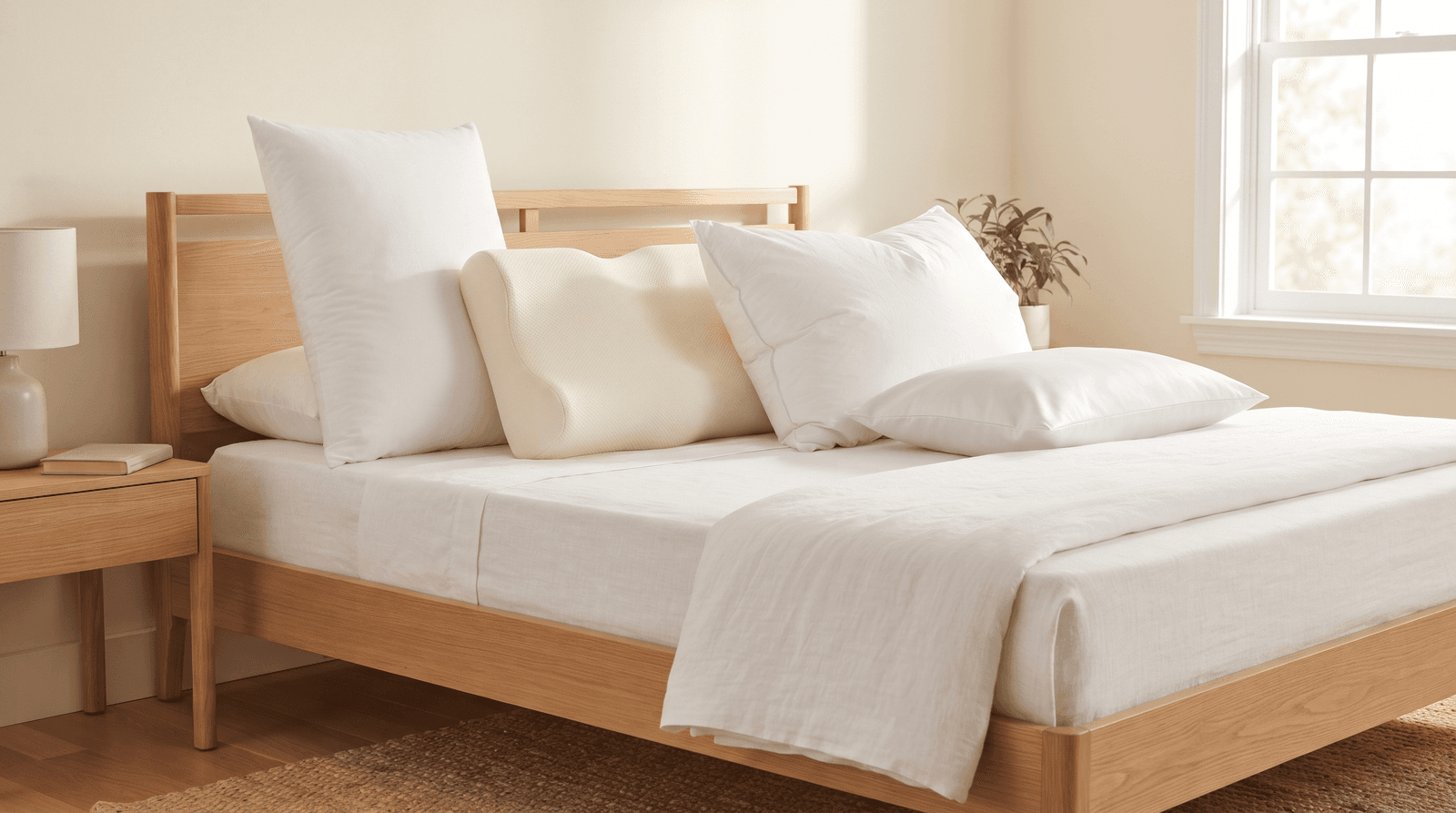 Four pillows of different heights and fills lined up on a bed with white linen