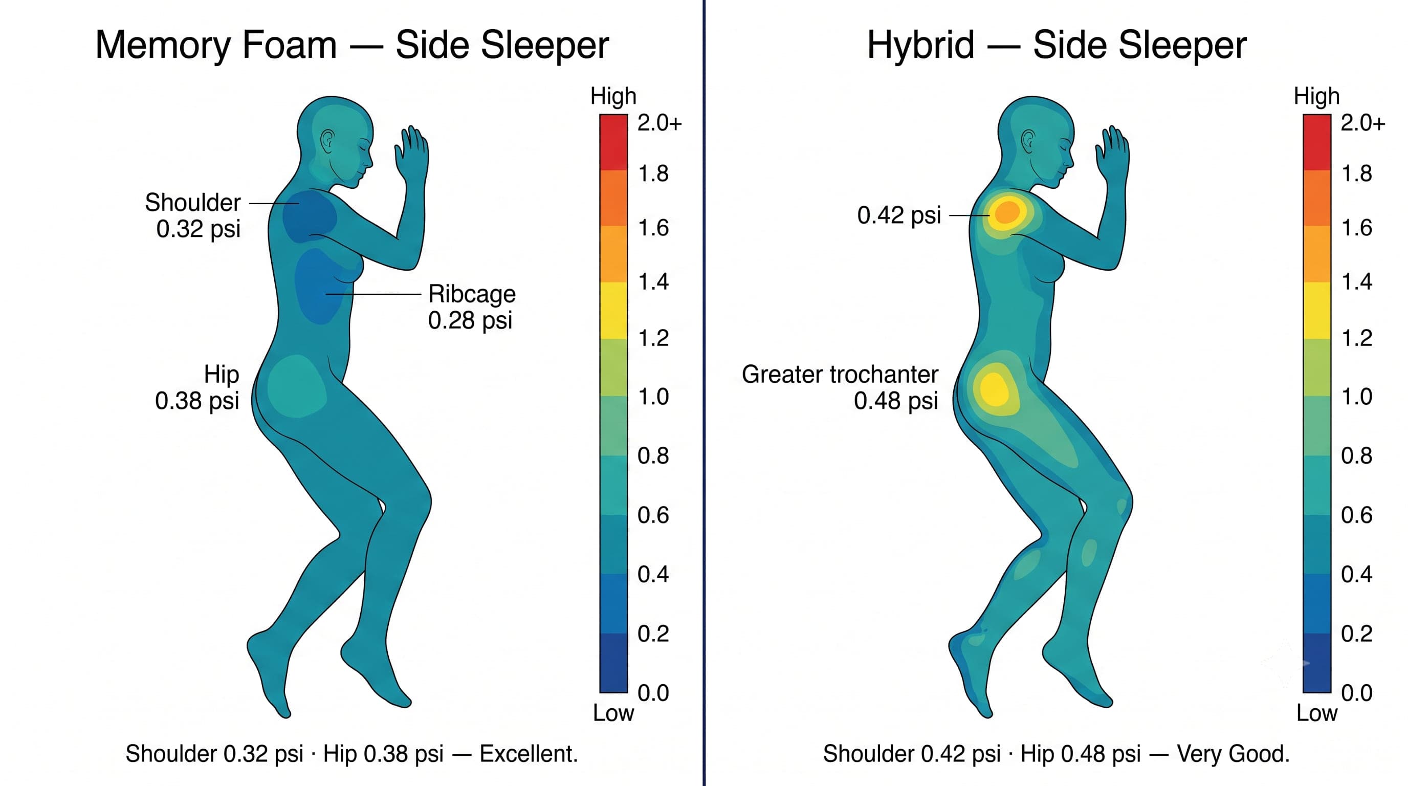 Illustrative pressure-map comparison of a side sleeper on memory foam versus a hybrid mattress