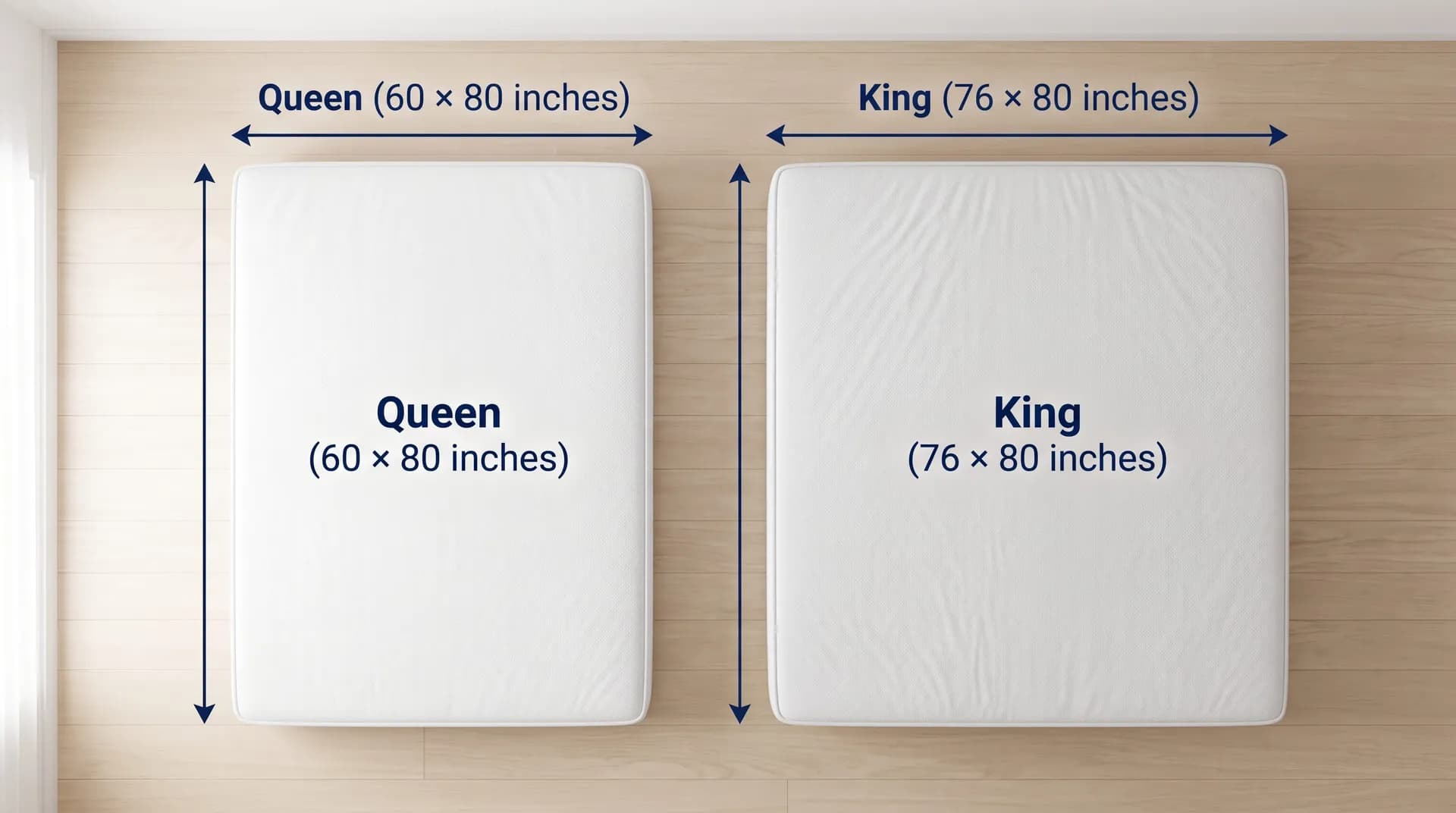 Overhead view of a queen and a king mattress side by side on a wood floor with width and length markings