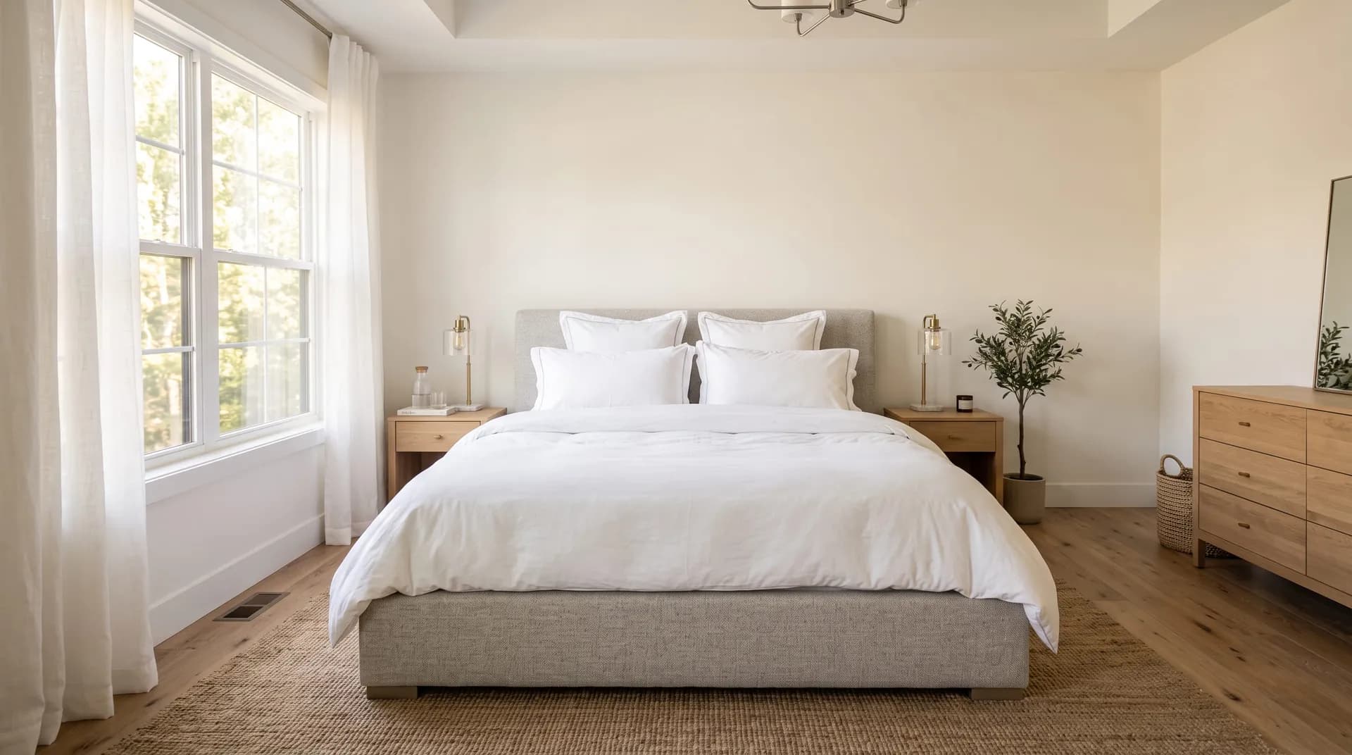 Bright, spacious bedroom with a large made bed, white bedding, a window and a dresser