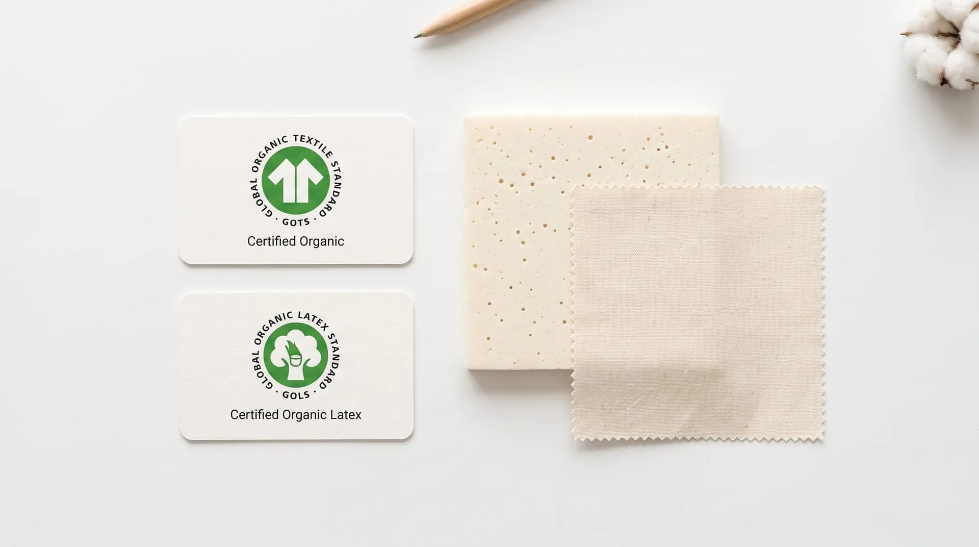 GOTS and GOLS organic certification cards beside latex and fabric swatches