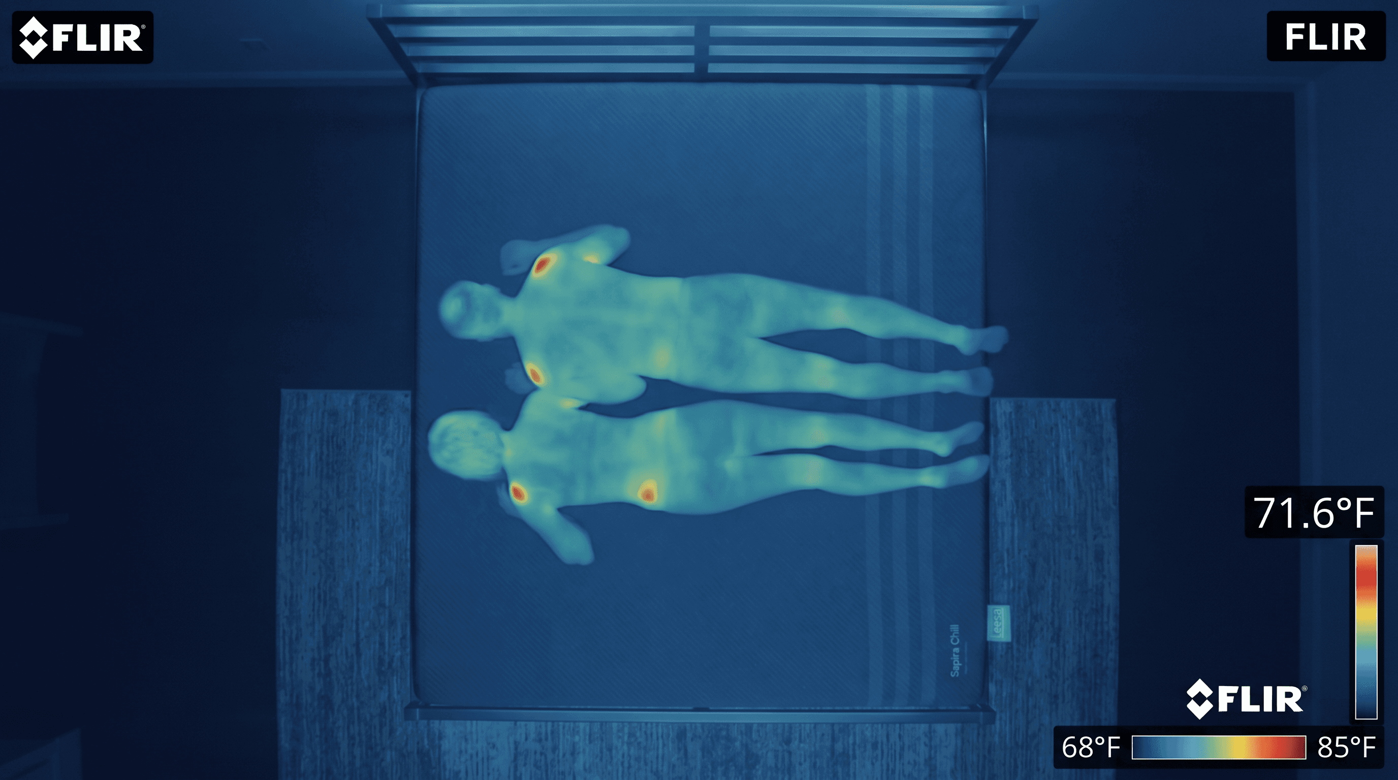 Thermal image of two sleepers on the Leesa Sapira Chill Full showing a peak contact temperature of 71.6°F