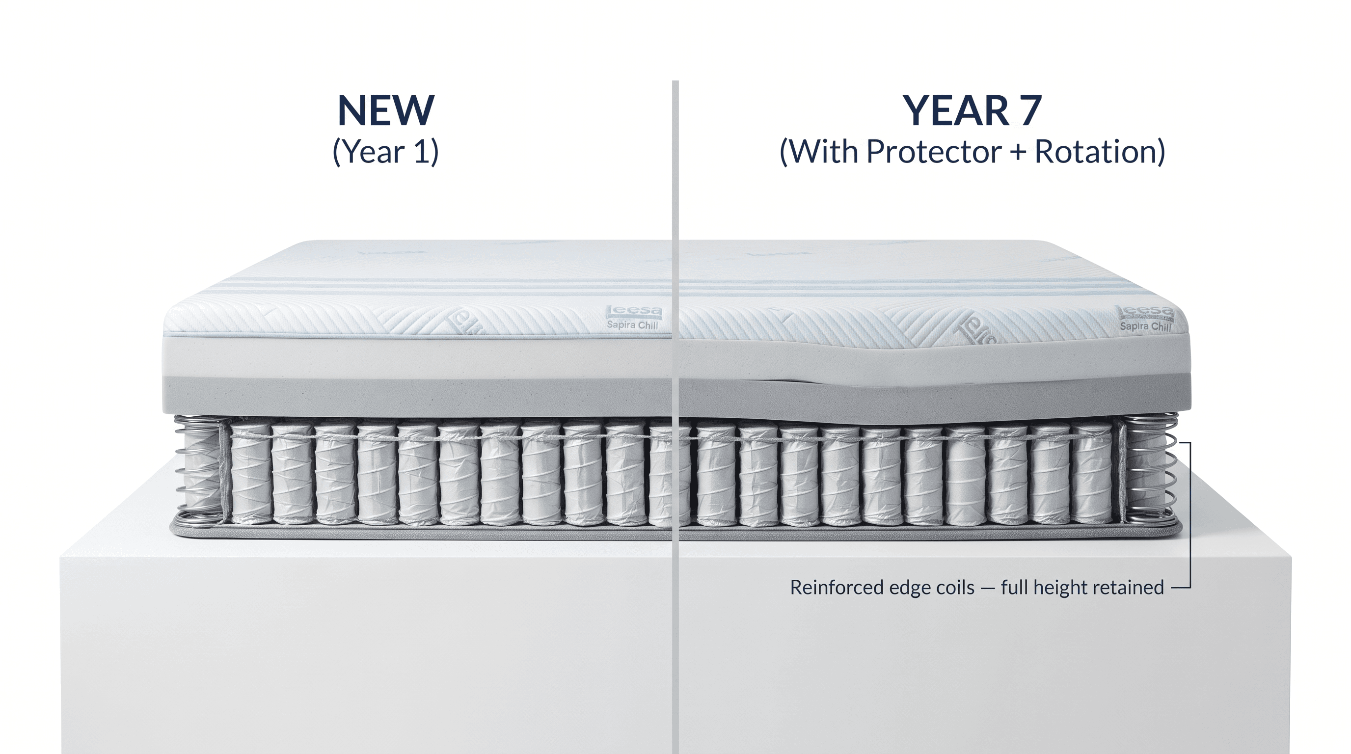 Edge compression comparison on the Leesa Sapira Chill Full at year 1 and year 7