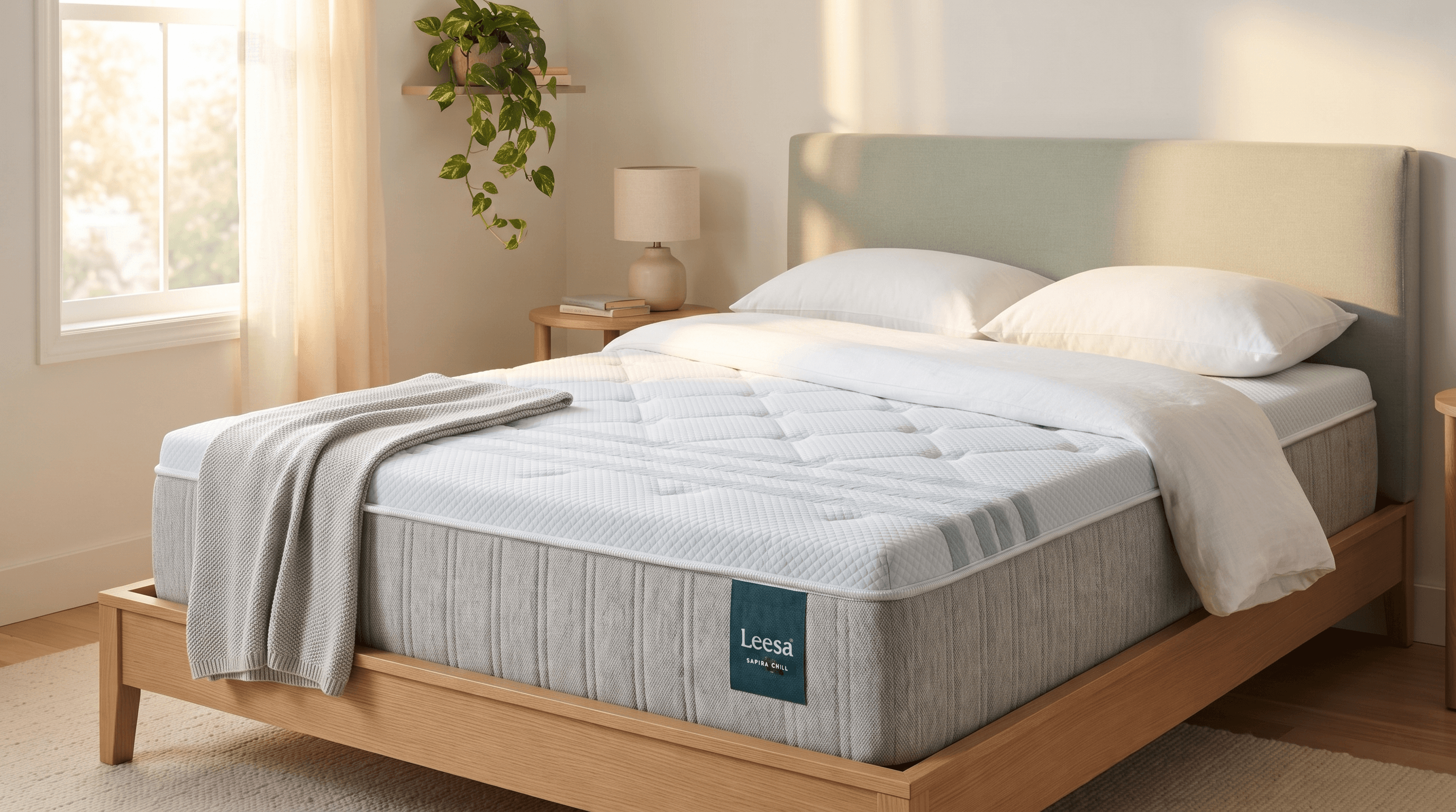 Leesa Sapira Chill Hybrid Full mattress on a white oak platform bed in a compact sunlit bedroom
