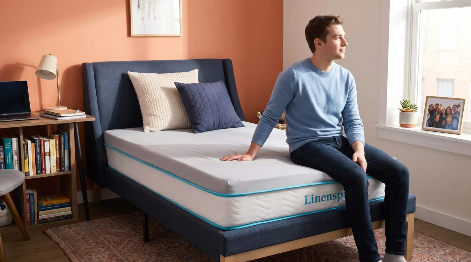 Young man sitting on the edge of a made twin bed in a tidy dorm-style bedroom with morning light