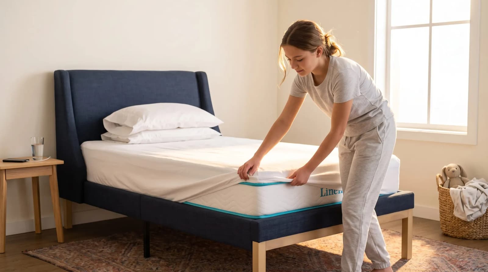 Young man pulling a white fitted sheet onto a twin mattress in a sunny bedroom