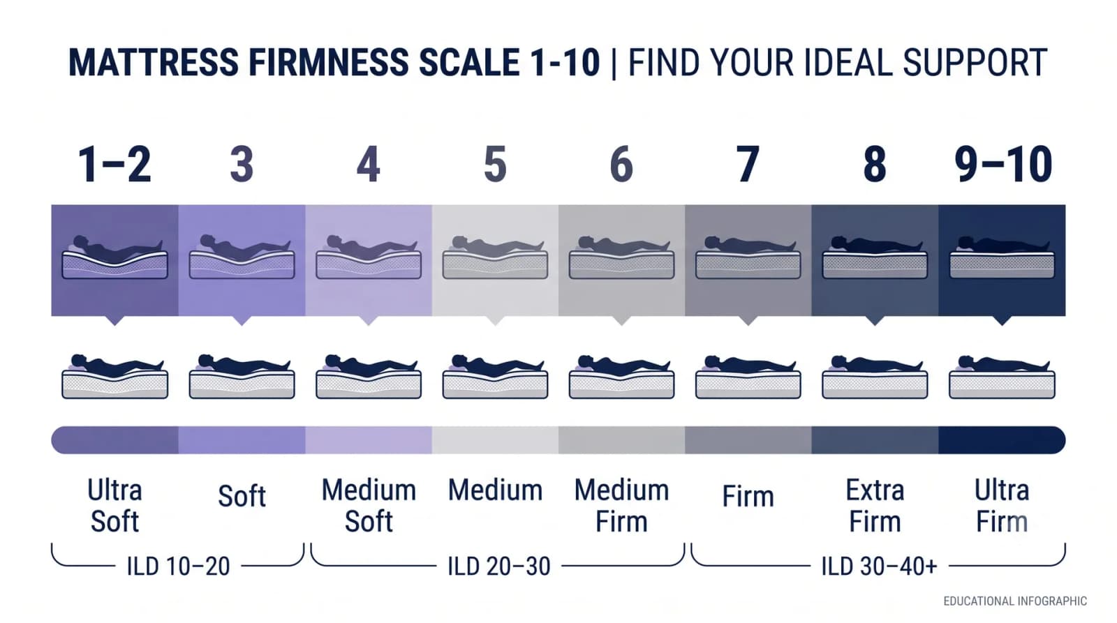 Chart of the 1 to 10 mattress firmness scale from ultra soft to ultra firm with ILD ranges