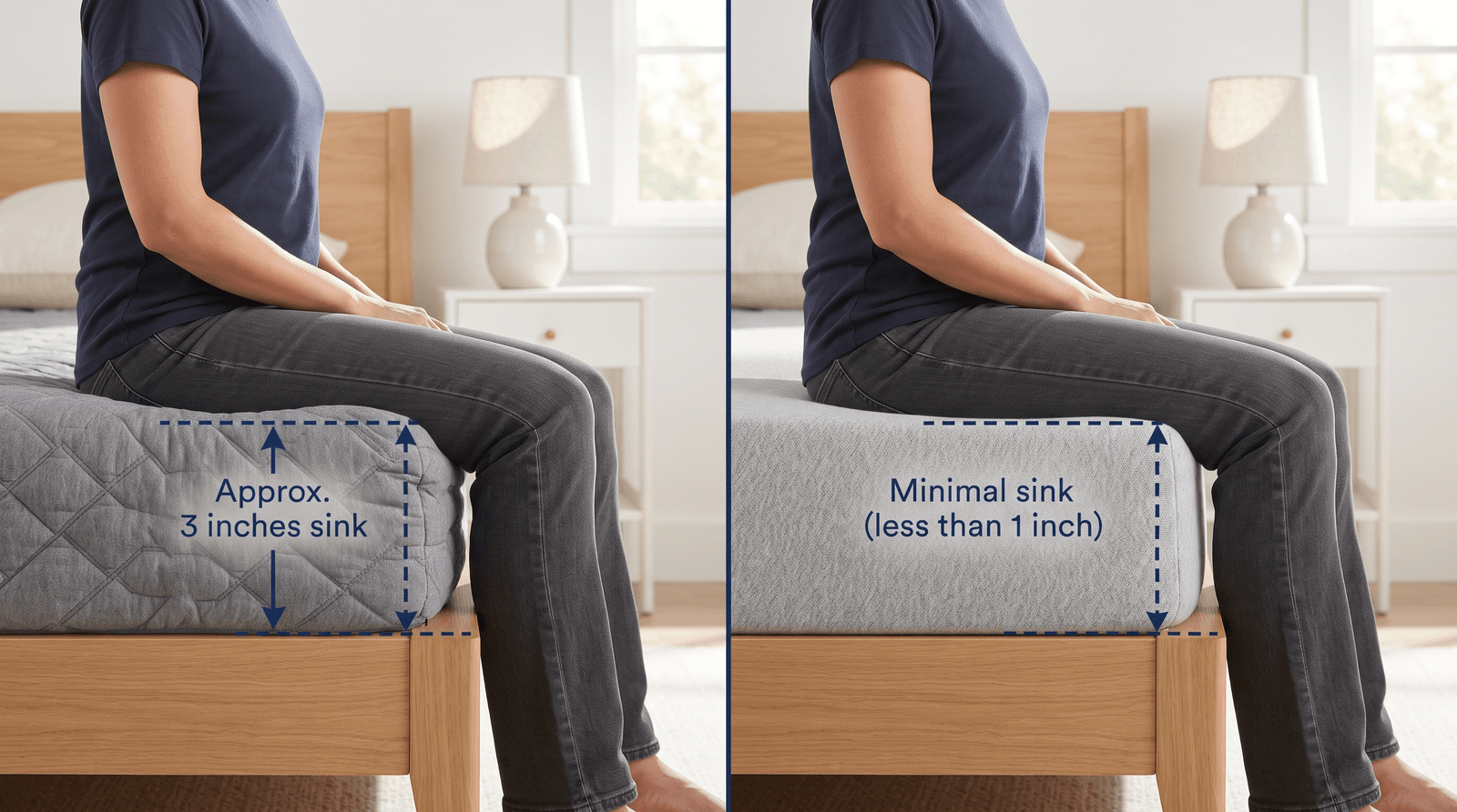 A person sitting on the edge of the Nectar Classic and the Casper Original Hybrid, showing less edge sink on the Casper
