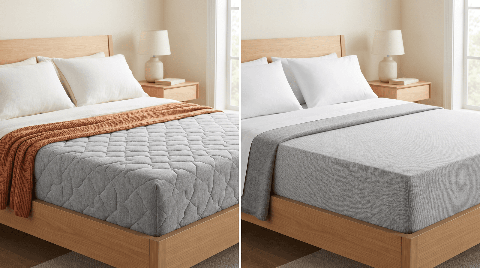 Nectar Classic and Casper Original Hybrid mattresses side by side in matching bedrooms with white bedding