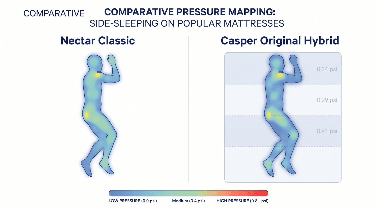 Side-sleeper pressure maps on the Nectar Classic and the Casper Original Hybrid, both mostly blue and green