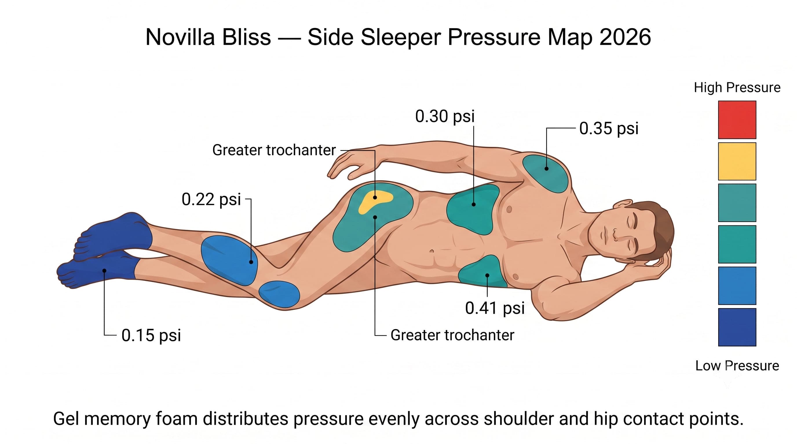 Reading a pressure map: even blue-green across shoulder and hip is ideal; concentrated orange or red signals pressure points.