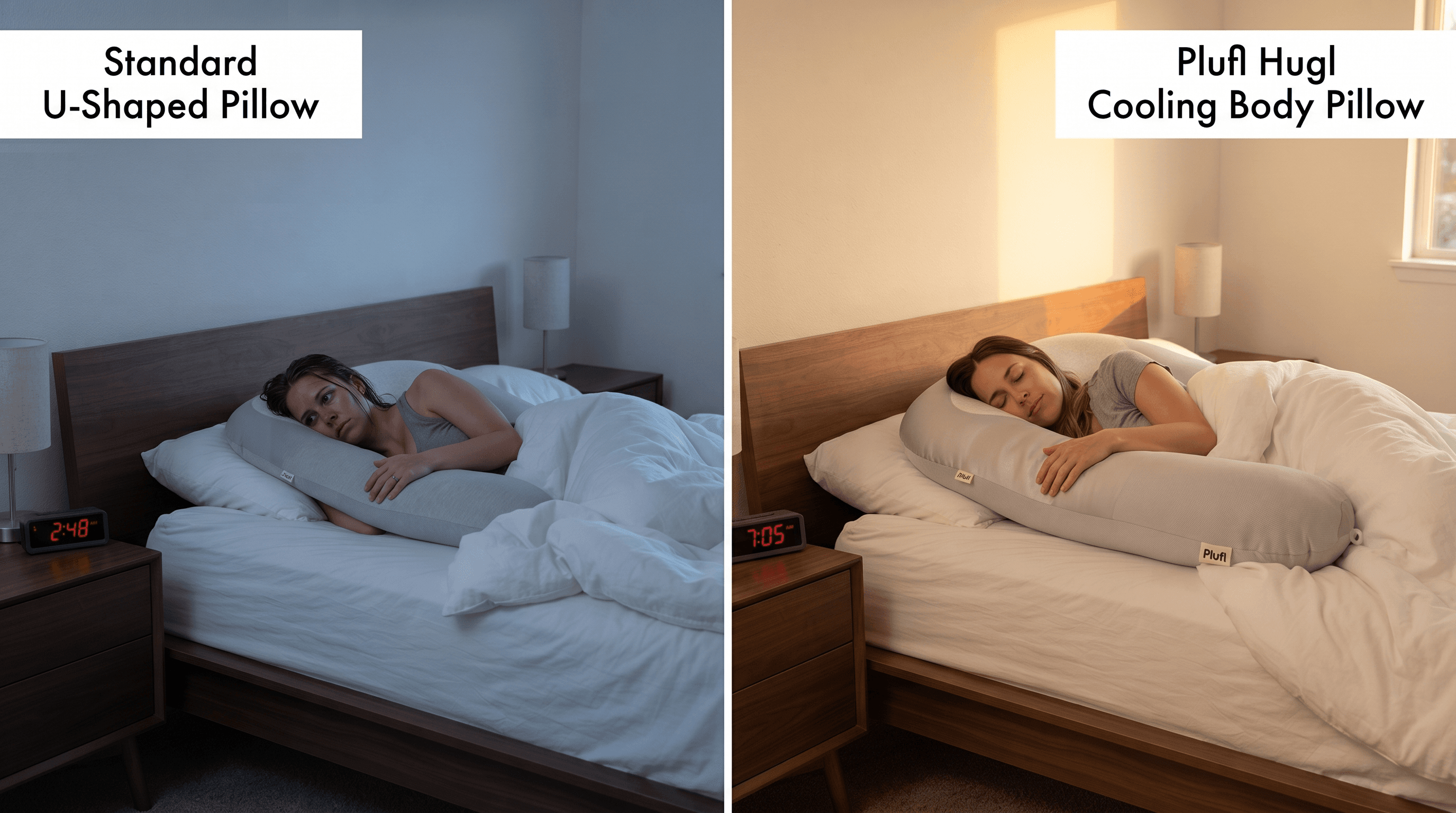 Split photo comparing a standard U-shaped pregnancy pillow and the Plufl Hugl on the same bed