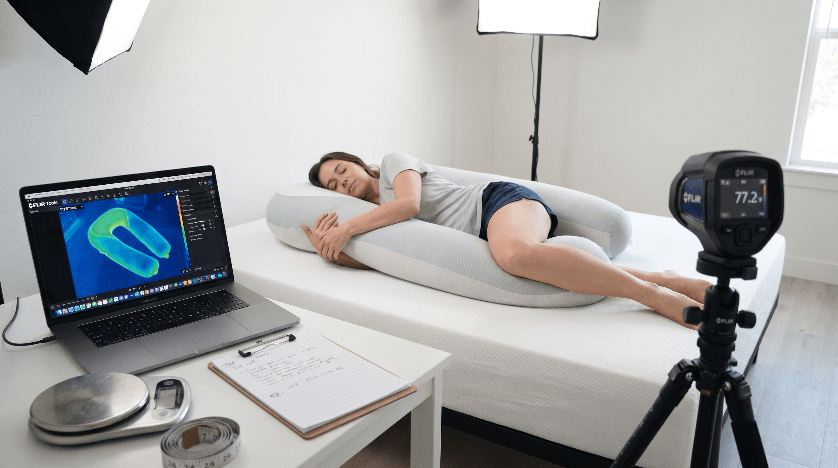 Tester lying on her side hugging the Plufl Hugl while a thermal camera on a tripod records the pillow surface