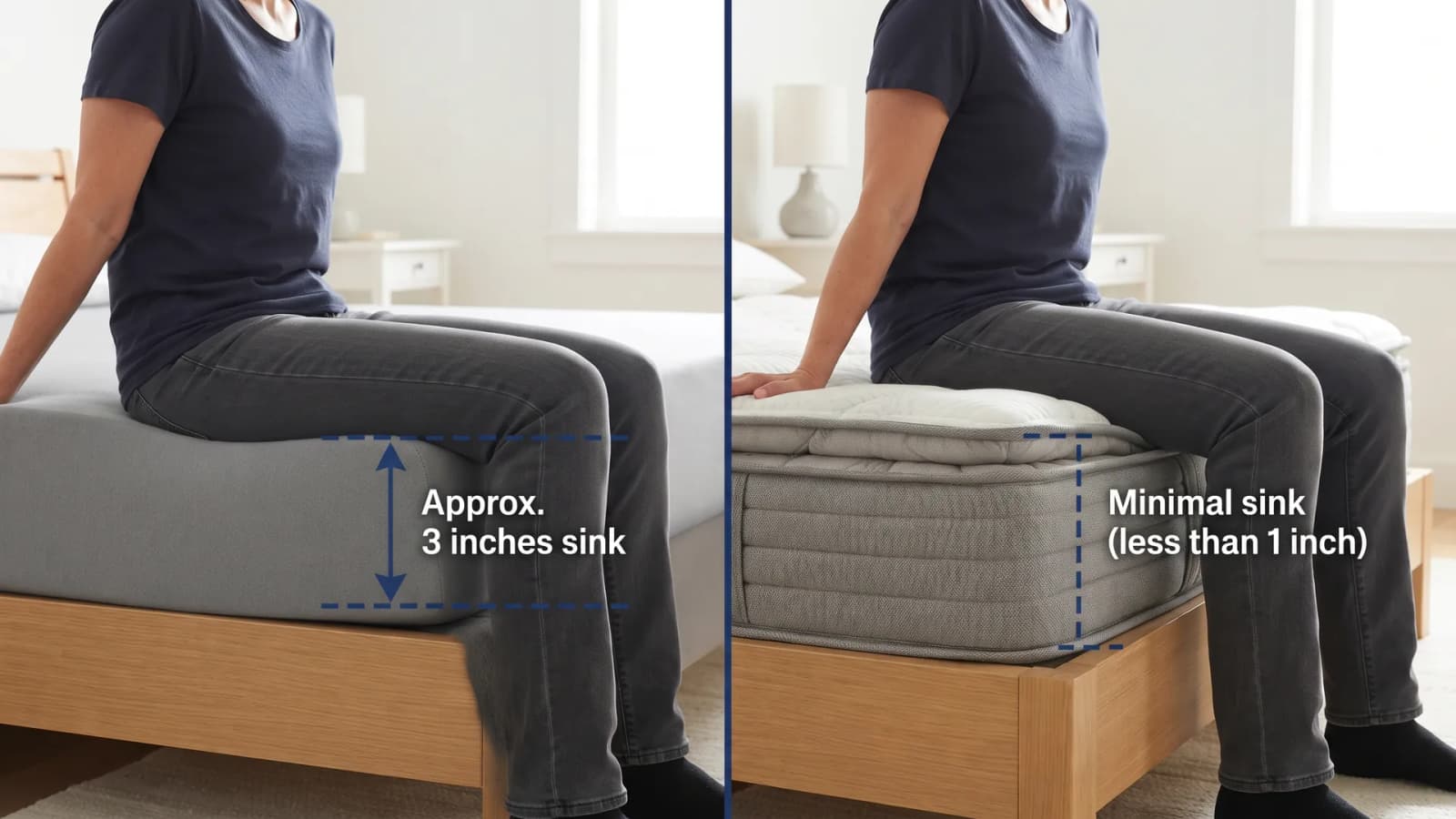 A person sitting on the edge of the Purple Original and the DreamCloud Classic, showing less edge sink on the DreamCloud