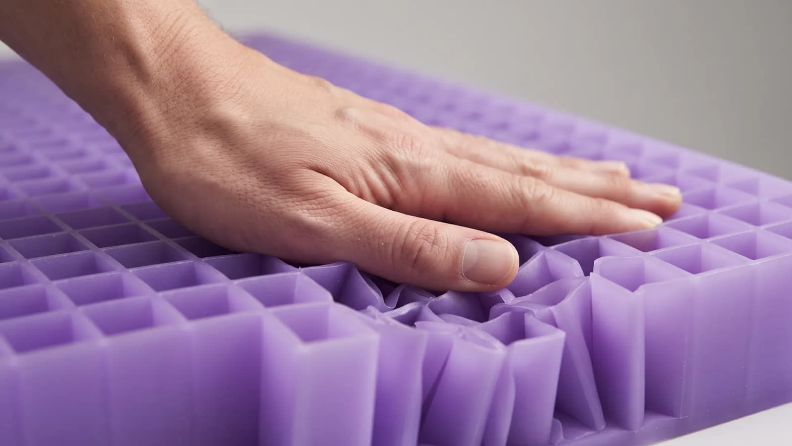 Close-up of a hand pressing into a purple polymer grid layer, with grid columns buckling under the palm