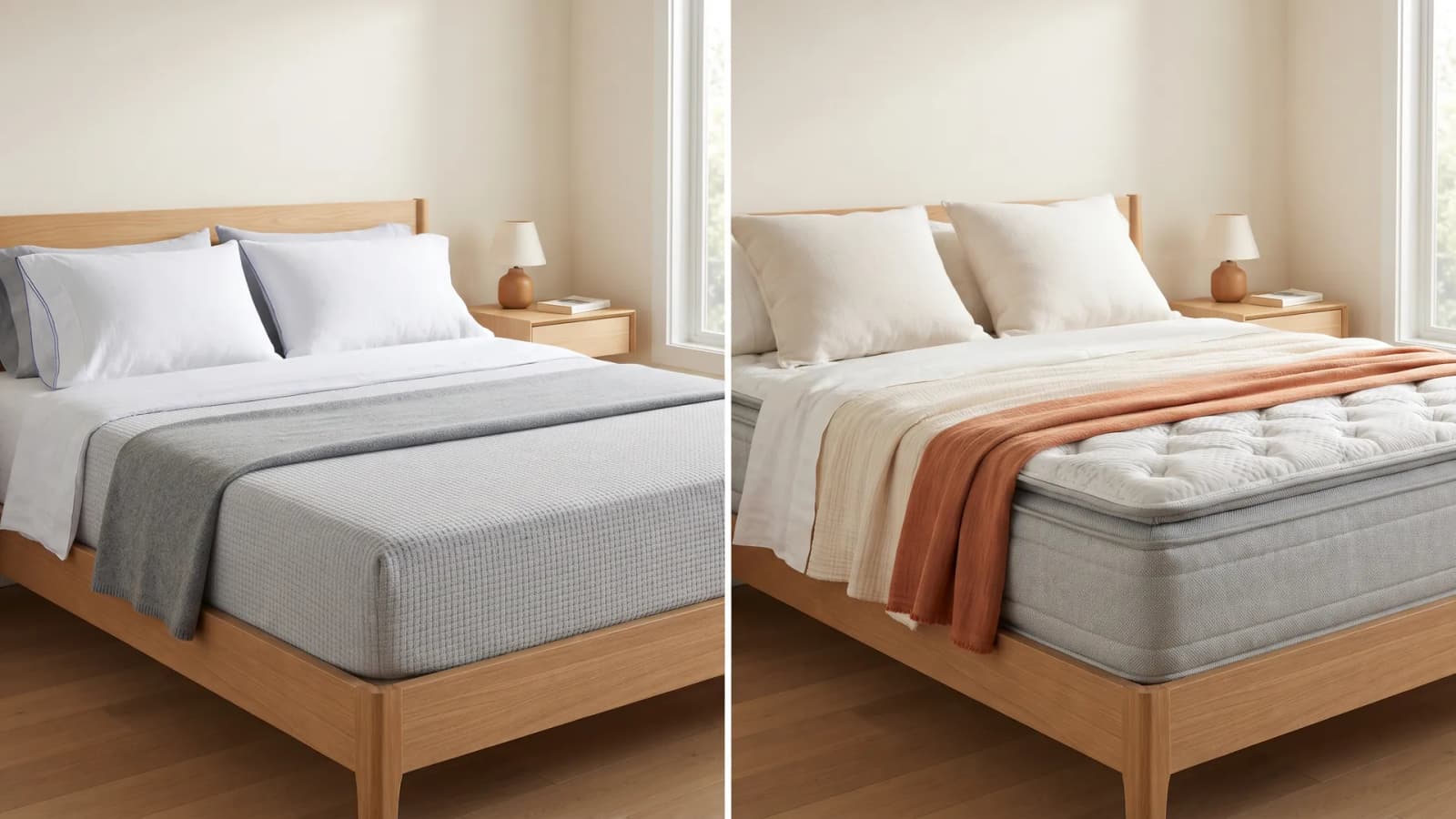 Purple Original and DreamCloud Classic mattresses side by side in matching bedrooms with white bedding