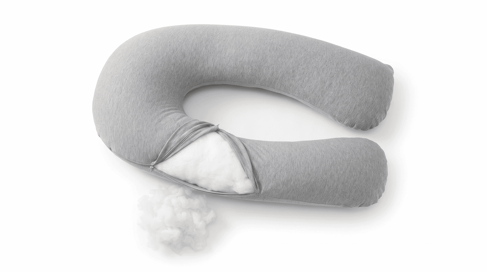 QUEEN ROSE U pillow with its gray cooling cover partly unzipped to show white polyester fiber fill