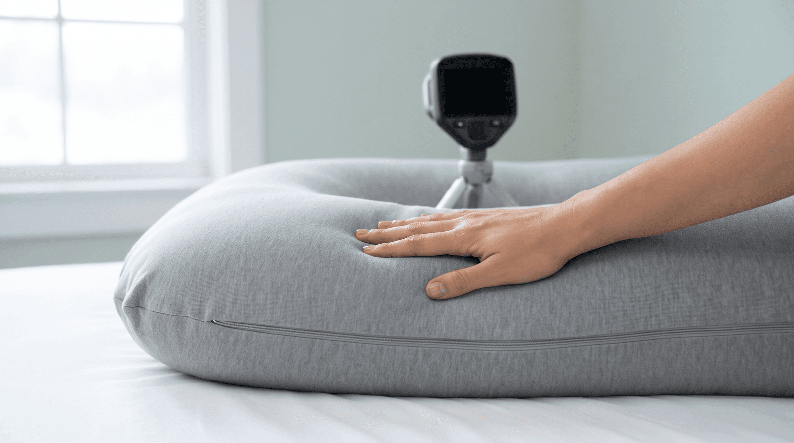 Hand pressing into the smooth gray cooling cover of the QUEEN ROSE pillow beside a thermal camera on a tripod