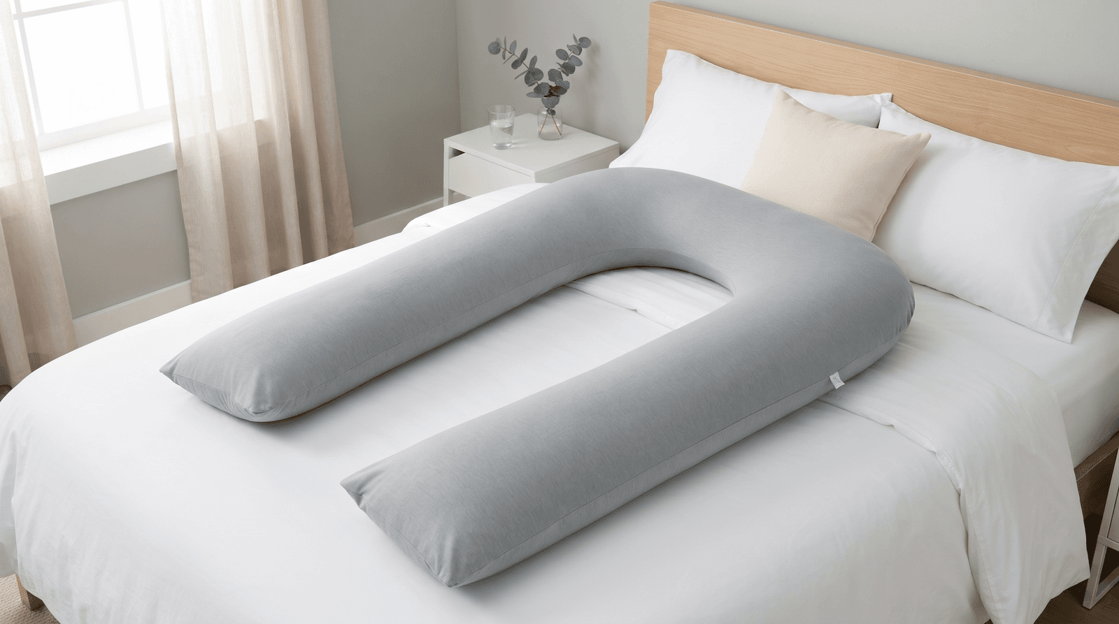 Gray QUEEN ROSE 65-inch U-shaped pregnancy pillow lying on a queen bed, seen from above