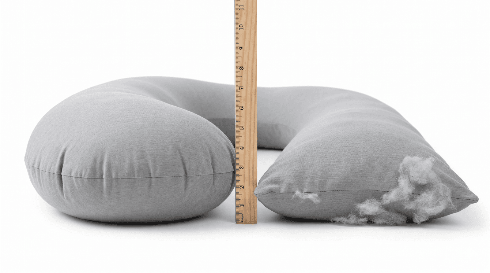 Two QUEEN ROSE U pillow arms side by side, one fully lofted and one slightly flattened, beside a ruler