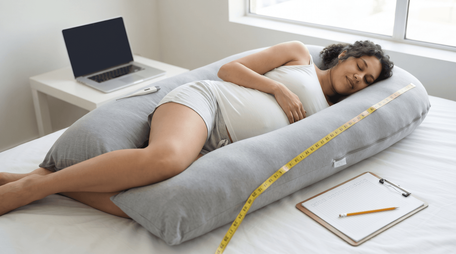 Pregnant tester side-sleeping in the QUEEN ROSE pillow beside a laptop, thermometer probe, tape measure and clipboard