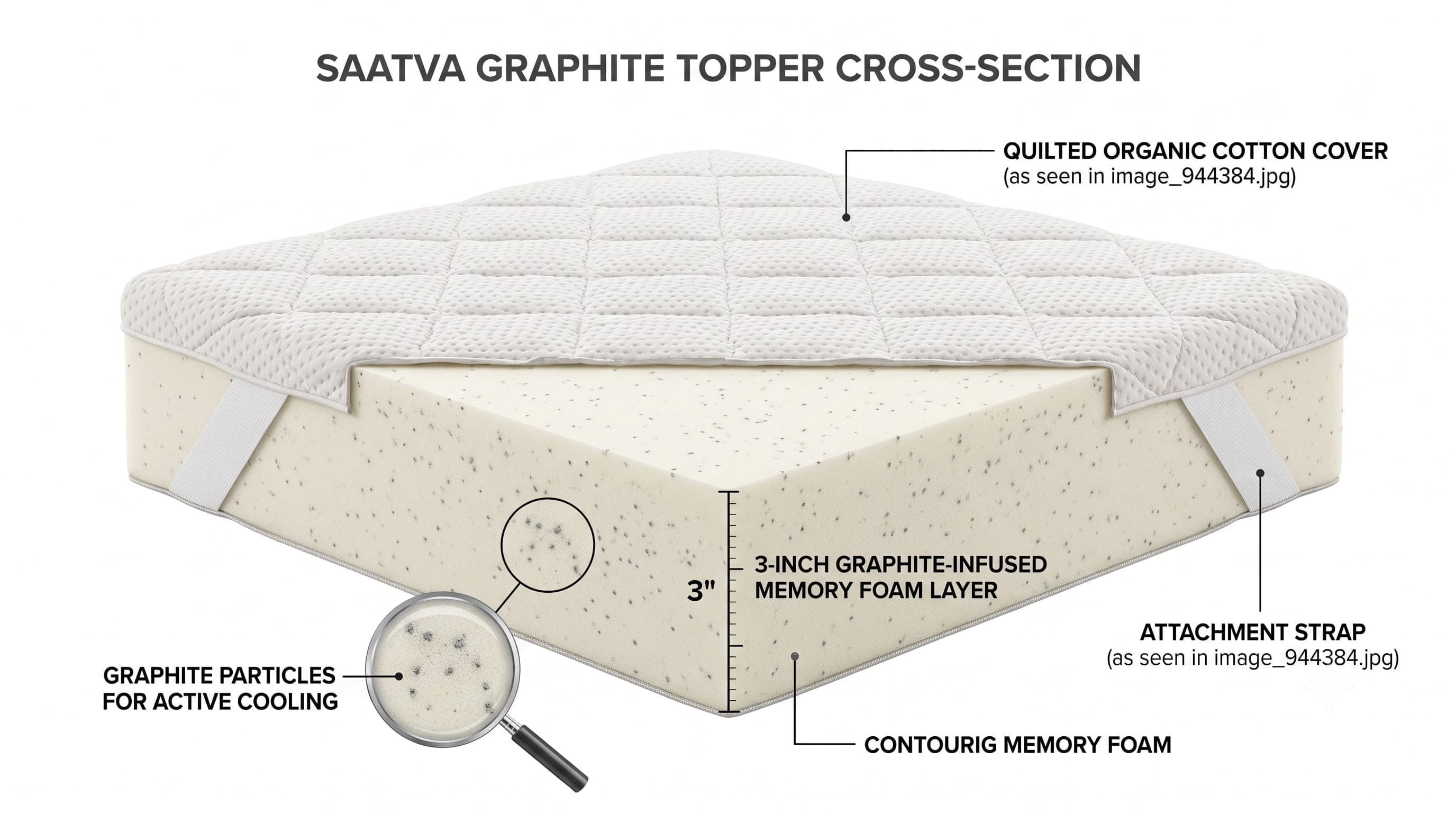 How the Saatva Graphite Foam Topper is built, layer by layer.