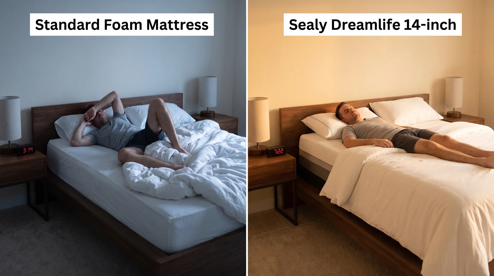 Split photo: man restless on a standard foam mattress vs sleeping on the Sealy Dreamlife 14-inch