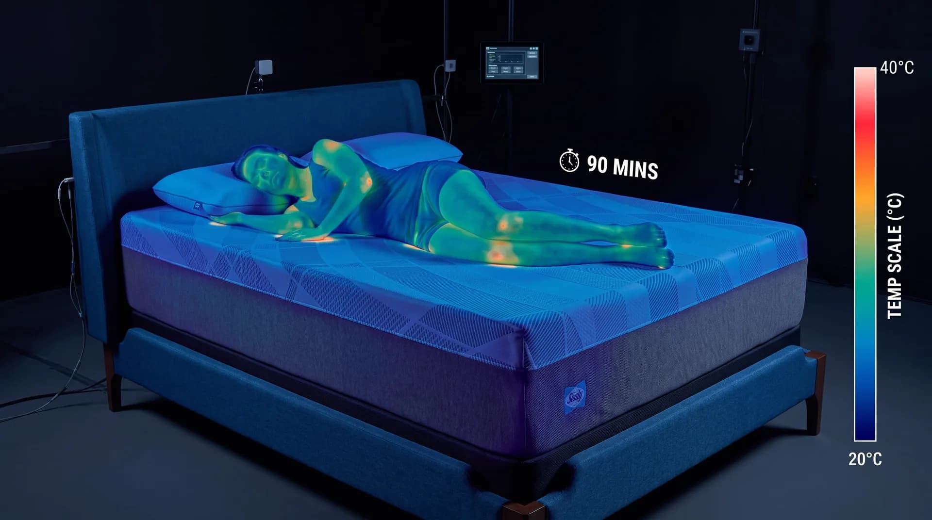 Thermal-style image of a person on the Sealy Dreamlife with a 90-minute timer and temperature scale