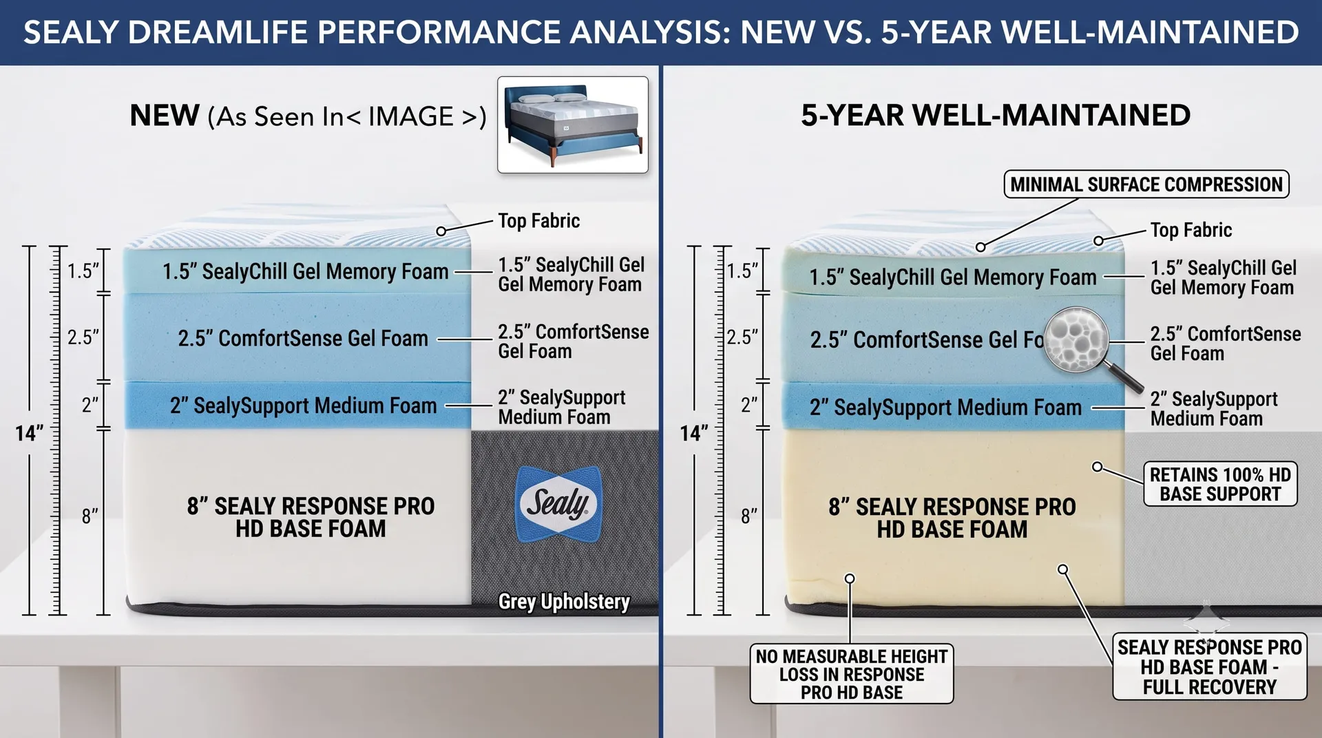 Infographic comparing Sealy Dreamlife layers new and after five years of good care