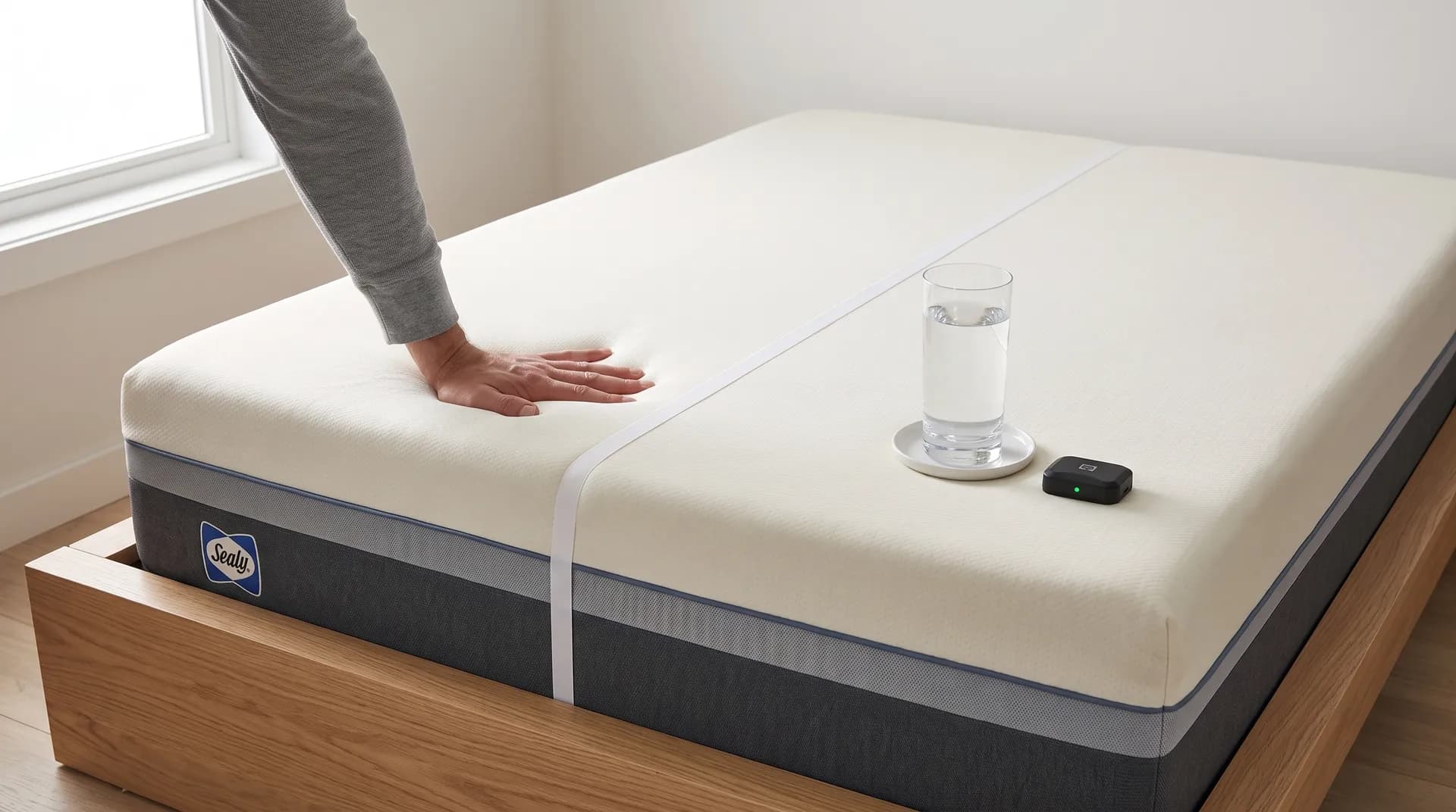 Hand pressing the Sealy Dreamlife beside a water glass and sensor device during a motion test