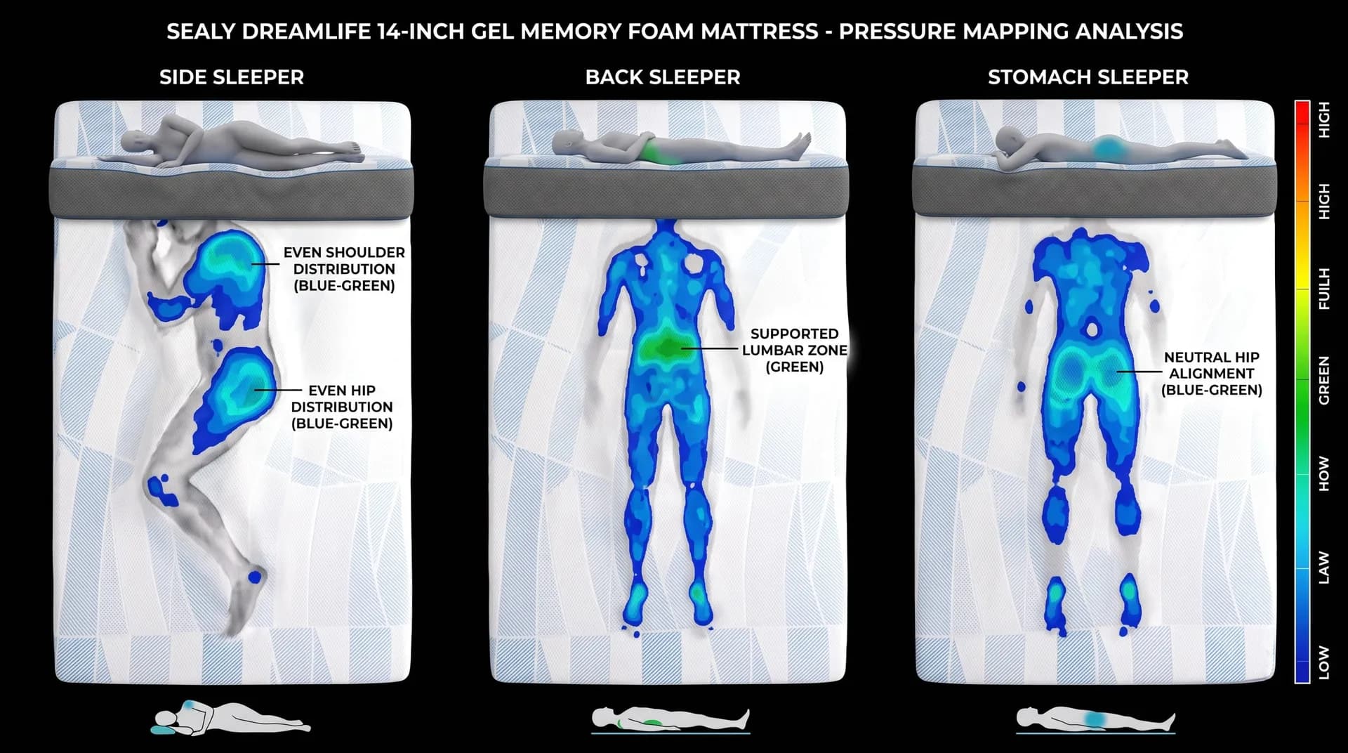 Infographic of Sealy Dreamlife pressure maps for side, back, and stomach sleepers in blue-green tones