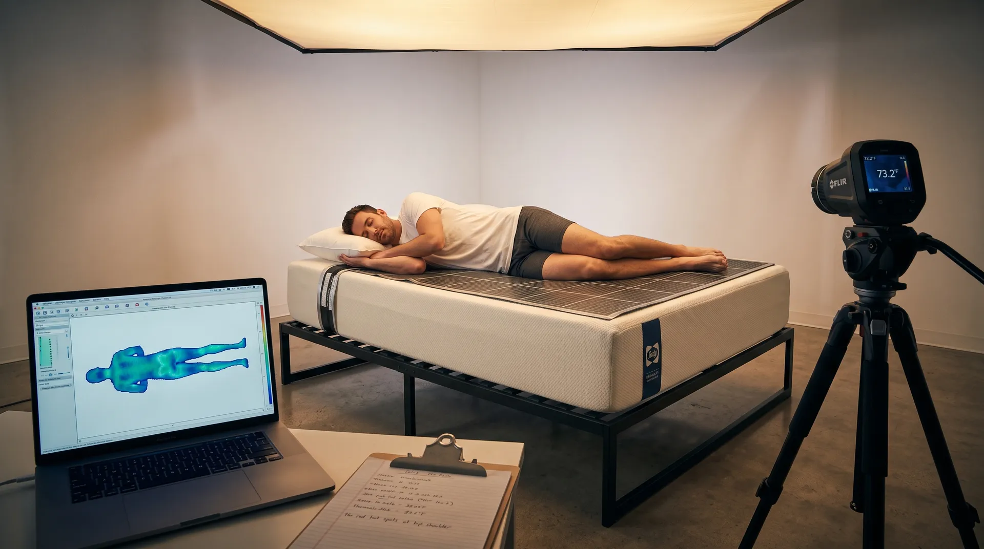 Man lying on the Sealy Dreamlife with a camera on a tripod and a laptop showing a pressure map