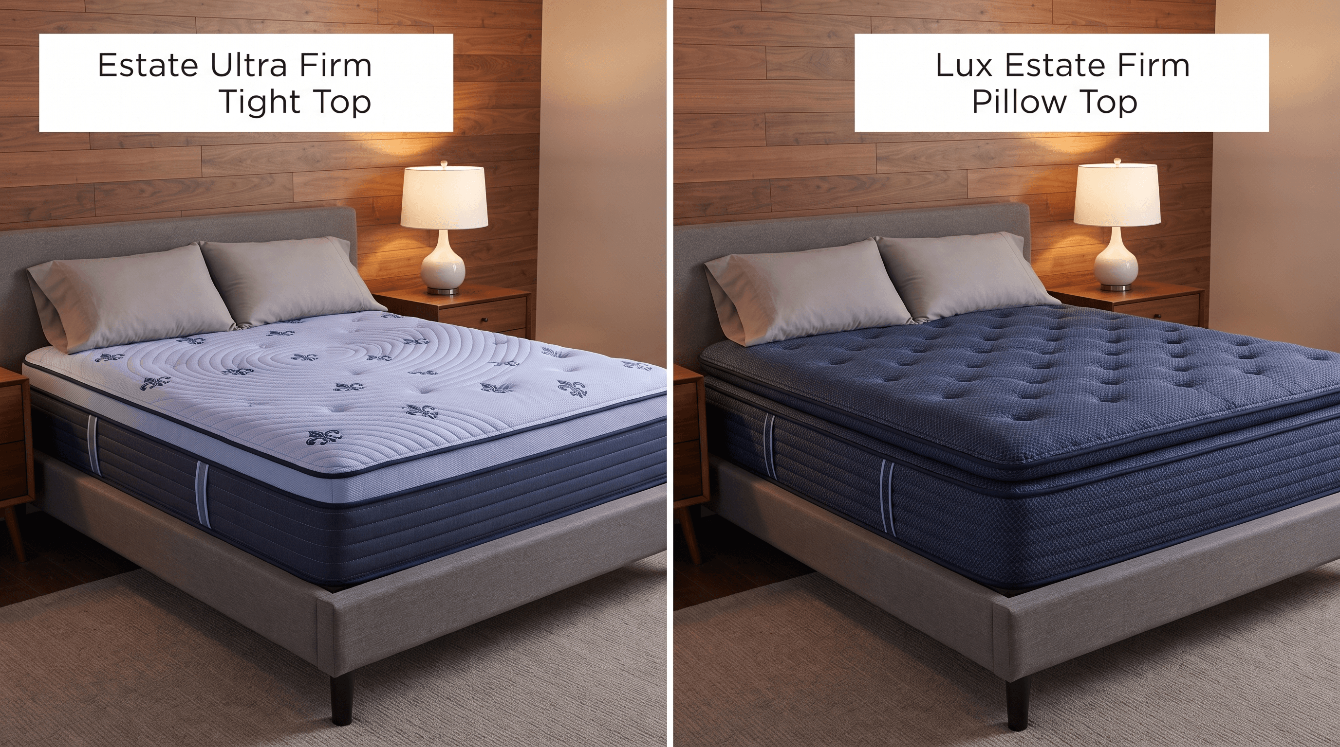 Split photo comparing the Stearns & Foster Estate Ultra Firm Tight Top and the Lux Estate Firm Pillow Top