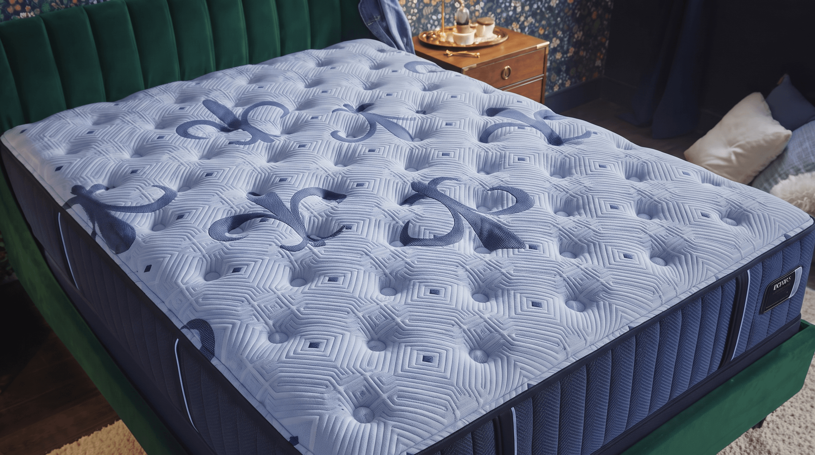 Stearns & Foster Estate Ultra Firm Tight Top King mattress with a light blue fleur-de-lis quilted cover on a green velvet bed