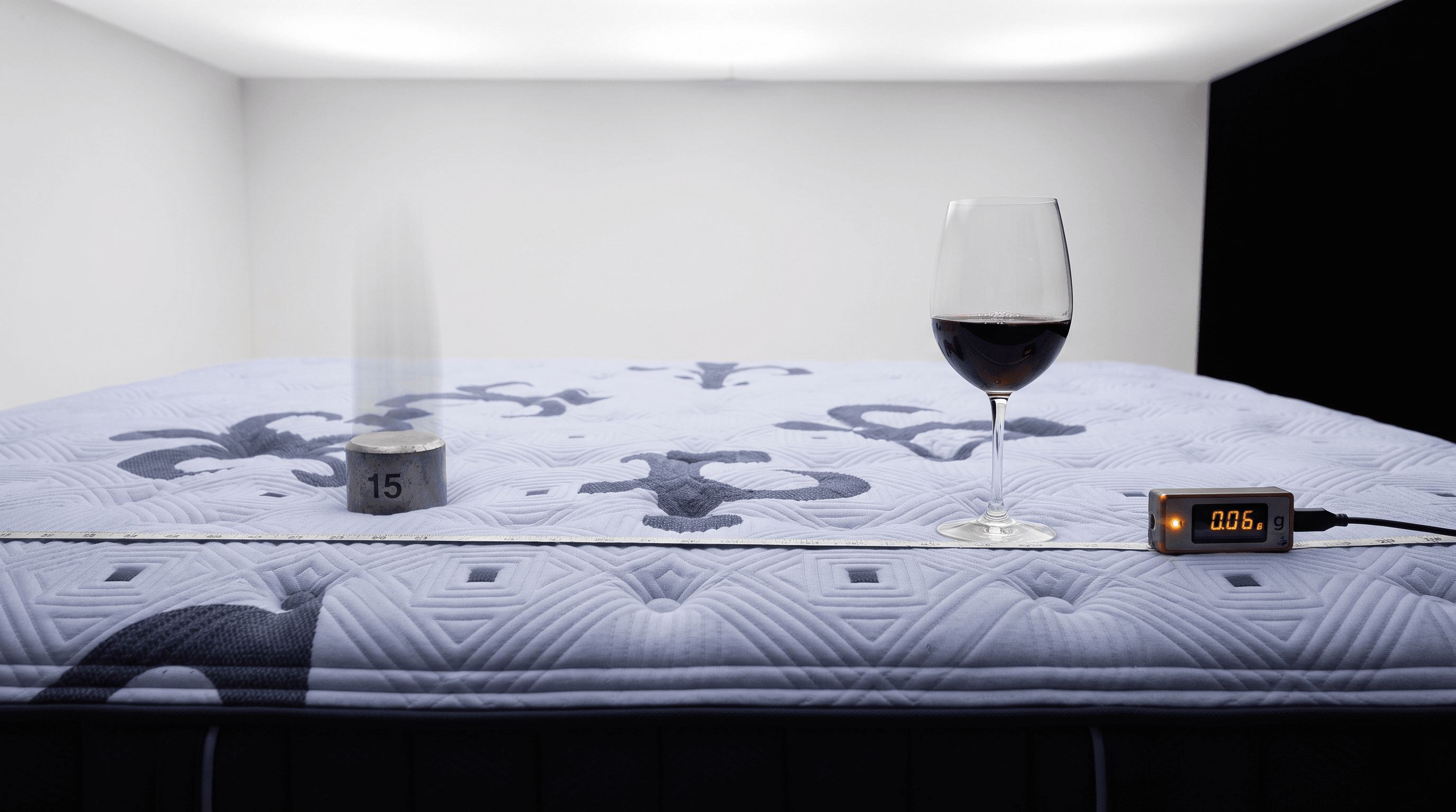Wine glass standing on the Stearns & Foster Estate Ultra Firm King while a weight drops on the other side
