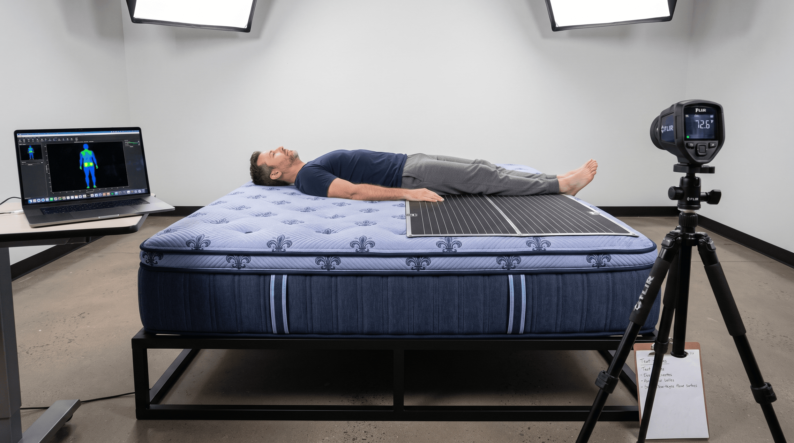Tester lying on his back on the Stearns & Foster Estate Ultra Firm with a pressure map laptop and thermal camera
