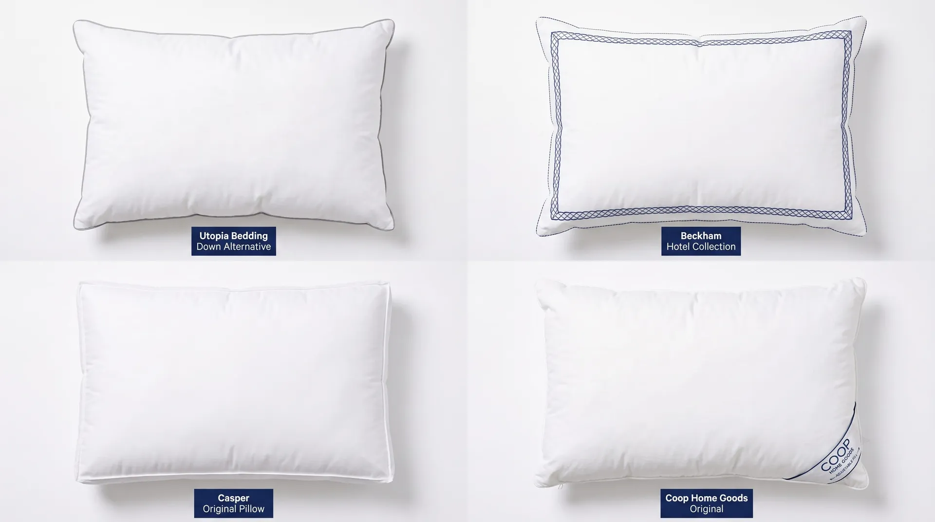 Four white pillows with brand labels lined up side by side