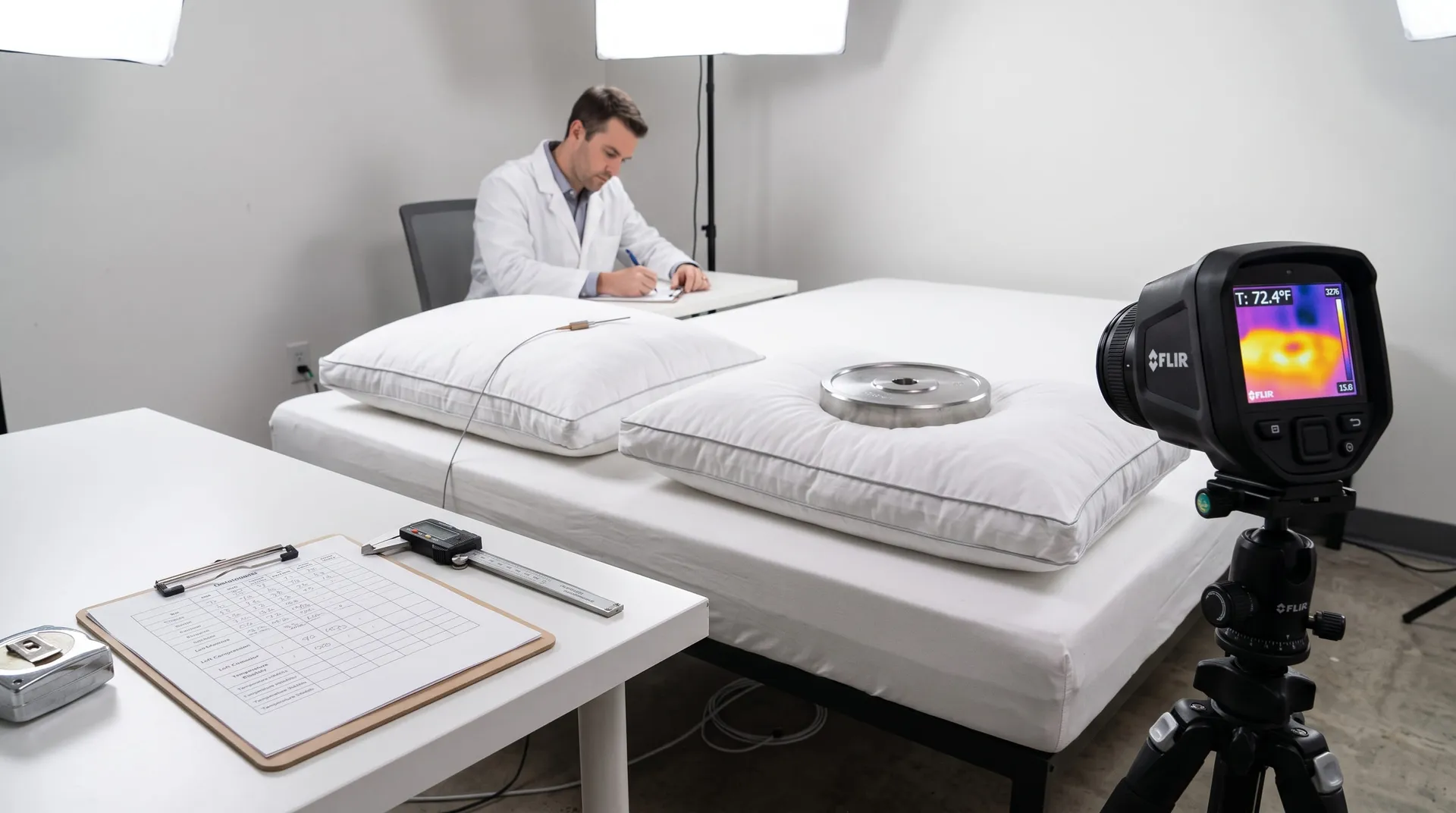 Tester at a lab desk with Utopia Bedding pillows on a table and a thermal camera