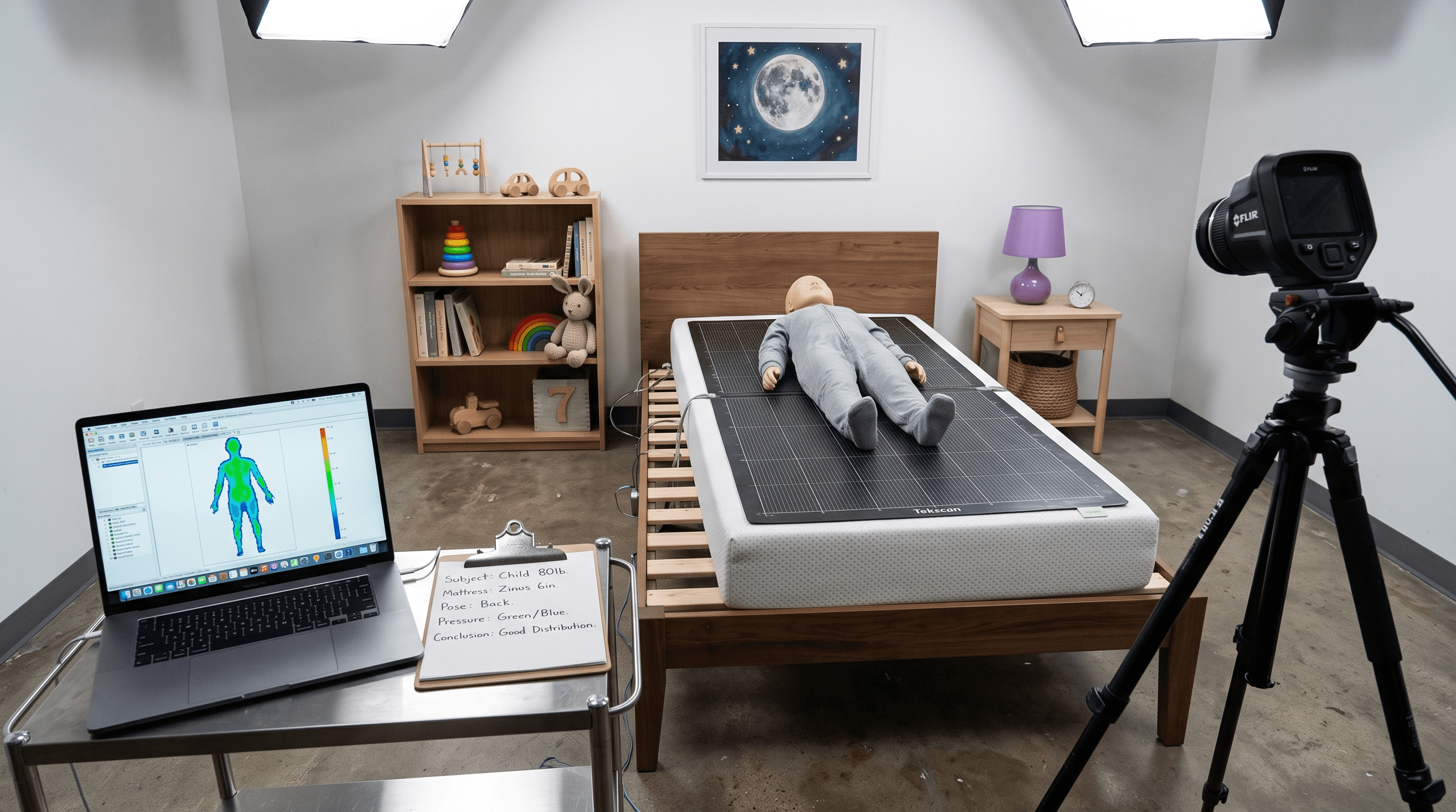 How we evaluate the Zinus 6 Inch Twin Green Tea: pressure, temperature and support checked across back, side and stomach positions.