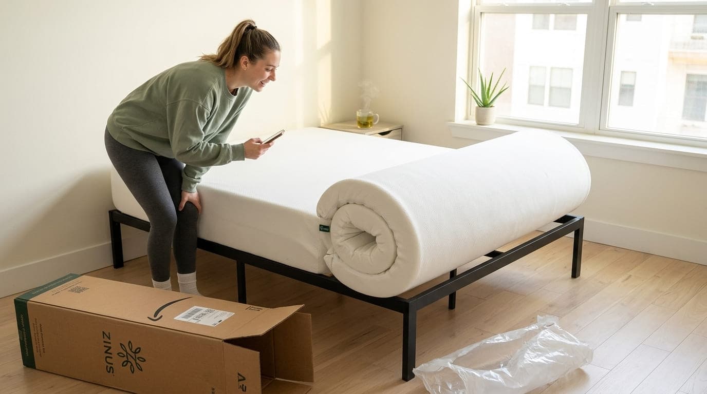 Setting up the Zinus 12″ Green Tea: unboxing, expansion and the made bed.